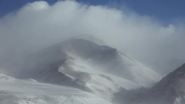Blizzard and strong snow windstorm in Altai Kuray mountain range in winter season.