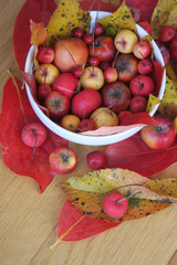 Little red and yellow apples in a white bowl on wooden table with red and yellow leaves. Autumn background