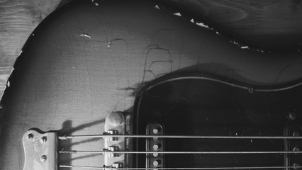 vintage bass guitar . white background . black and white