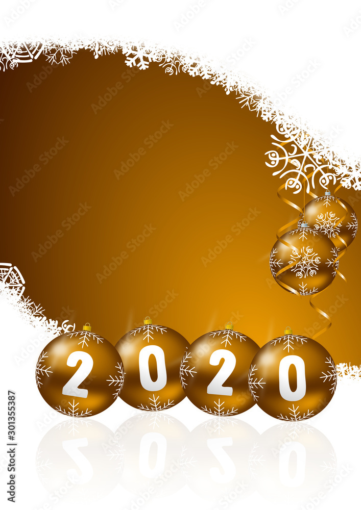 Poster new years 2020 greeting card with golden christmas balls and snowflakes with empty copy space for yo