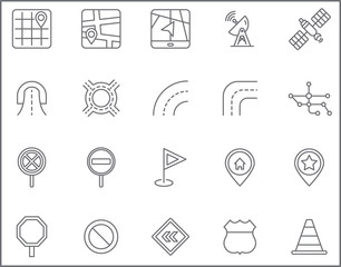 Set of map and navigation Icons line style. Included the icons as map, direction, road, gps navigation, route, direction sign, arrow and more. customize color, stroke width control , easy resize.