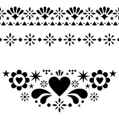 Mexican floral and abstract vector design elements, black and white traditional folk art patterns from Mexico, greeting card on wedding party invitation ornaments  