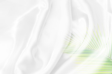 green palm leaves pattern overlay with white fabric texture soft blur background