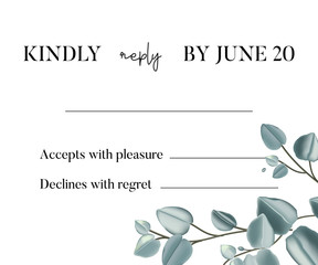 Botanical eucalipthus illustration wedding RSVP card template design. Cute hand-drawn botanical art isolated on white background. Cute greenery wallpaper