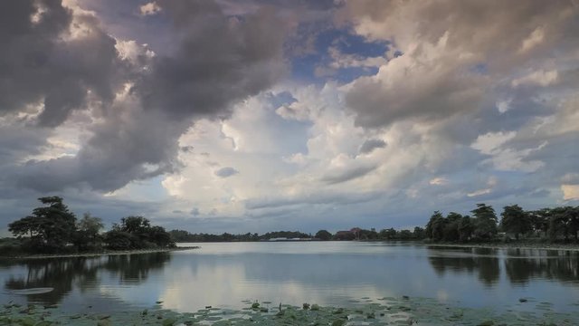 Time lapse of dark clouds moving above the lake with rain storm in the sky background, Krajub reservoir, Nonk Kop in Ban Pong District, Ratchaburi, Thailand.
