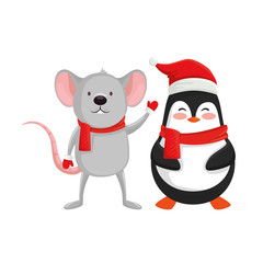 mouse with penguin characters of merry christmas vector illustration design