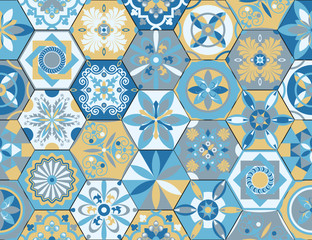 Marokkaans patroon. Decor tegel textuur print mozaïek oosterse patroon met blauwe sieraad arabesk. Traditionele Arabische en Indiase aardewerk tegels naadloze patronen stof muur interieur doek vector set
