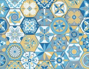 Behang Portugese tegeltjes Marokkaans patroon. Decor tegel textuur print mozaïek oosterse patroon met blauwe sieraad arabesk. Traditionele Arabische en Indiase aardewerk tegels naadloze patronen stof muur interieur doek vector set