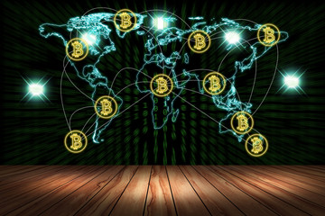 Digital money with bitcoin symbol and network connection concept.