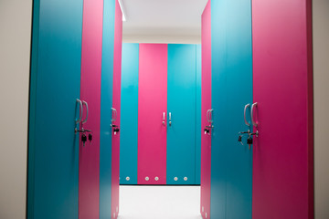 blue and pink cabinets for self storage