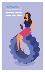 businesswoman sitting in gear pinion vector illustration design