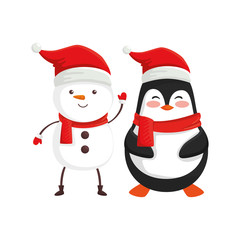 snowman with penguin characters of merry christmas vector illustration design