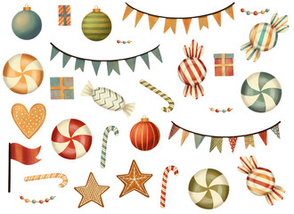 Set of christmas banners, candy, gingerbread, lollipop, balls, gifts. Hand drawn illustration.