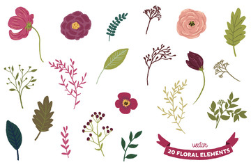 Vector isolated floral illustration set. Flowers, leaves, branches elements collection - perfect for bouquets, wreaths, arrangements, wedding invitations, anniversary, birthday.