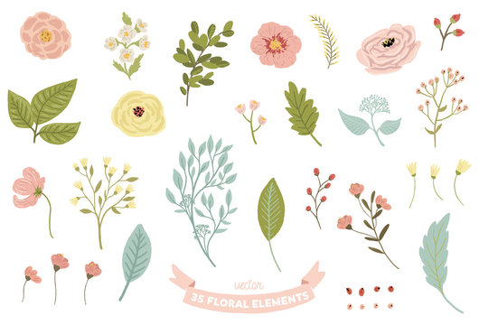 Vector isolated floral illustration set. Flowers, leaves, branches elements collection - perfect for bouquets, wreaths, arrangements, wedding invitations, anniversary, birthday.