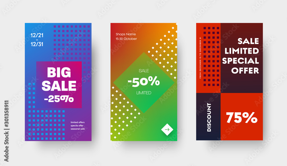 Aufkleber design set of vector color gradient banners for mobile applications, stories and social media.templa