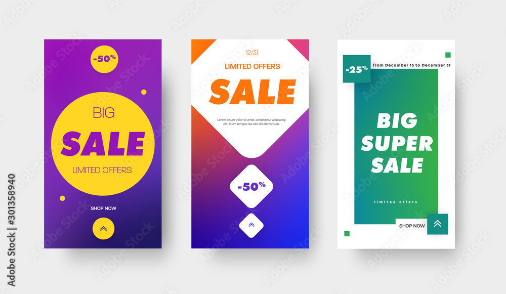 Aufkleber set of vector color gradient banners with square, circle and rhombus and 25 and 50% discount for big