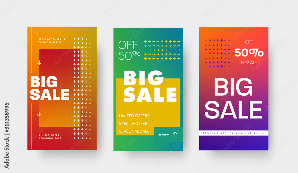 Aufkleber set of vector gradient banners with arrows and 50% discount for social media and mobile applications