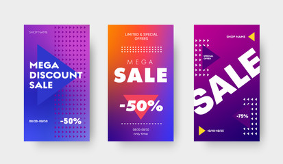 Set of vector purple gradient banners with triangles and a discount of 50 and 75% for a big sale, special offers. Design template for social media, stories and mobile applications.