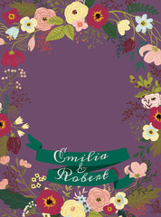 Vector template. Floral illustration on purple background - wreath / frame with burgundy, pink, green, yellow, blue, white, vivid flowers, green leaves. Ribbon with names. Wedding invitation.