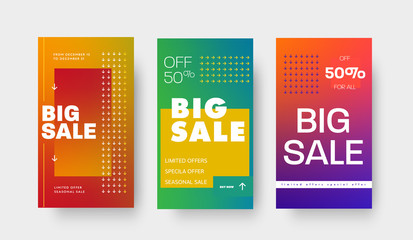 Set of vector gradient banners with arrows and 50% discount for social media and mobile applications. Big sale design template, special offers.