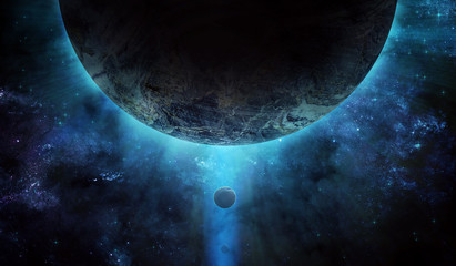 huge planet from space and blue stars, abstract space illustration