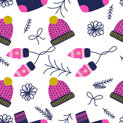 Winter warm har and mittens pattern background. Ideal for wrapping paper, poster, advert, apparel, cloth.