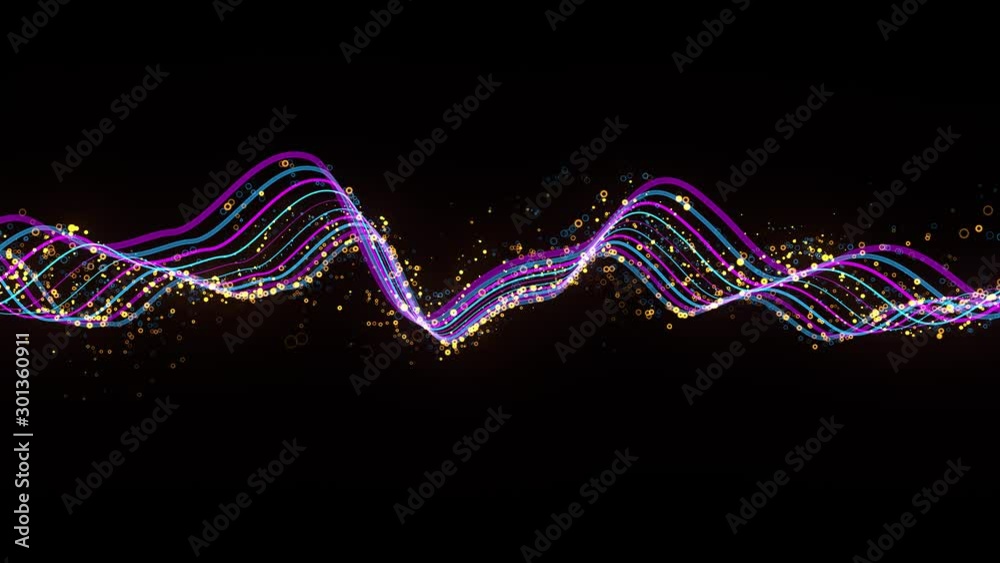 Fototapete 3d render loop animation of wavy strings with a lot of shiny particles. Render with depth of field.