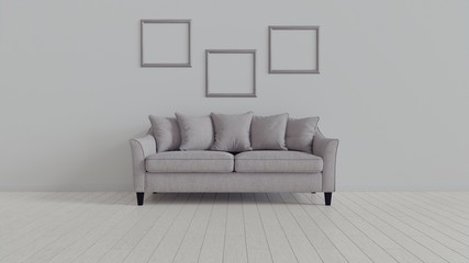 interior, leather sofa in white room. 3d rendering in Blender 3d