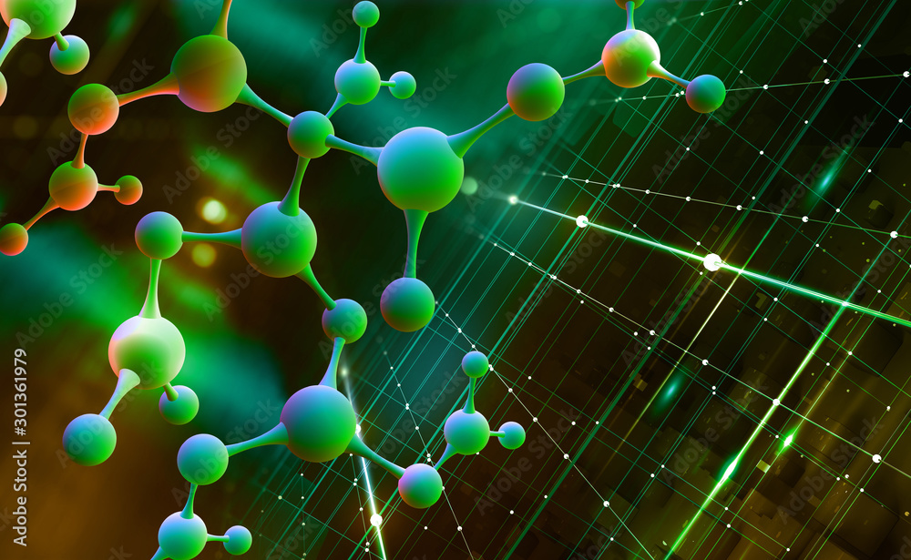 Poster abstract molecule model. digital nanostructure. scientific research in molecular chemistry. 3d illus