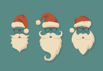 Vector set of faces with Santa hats, mustache and beards. Christmas Santa design elements. Holiday icons	