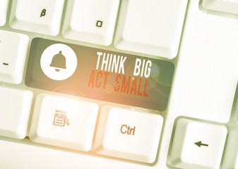 Text sign showing Think Big Act Small. Business photo text Great Ambitious Goals Take Little Steps...