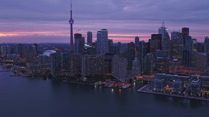 Toronto Ontario Aerial v49 Inner Harbour skyline cityscape approach at sunset - October 2017