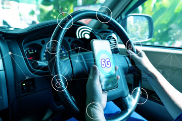 5G network interface and icon concept with women use cell phones in cars.
