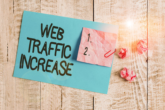 Word writing text Web Traffic Increase. Business photo showcasing Expand Visitors to a Website a number of Visits Wrinkle paper and cardboard plus stationary placed above wooden background