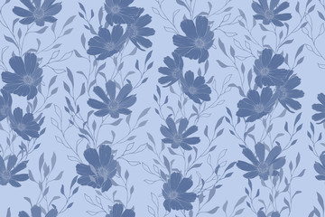 Blue flowers on blue background. Seamless pattern with cosmos flower. For textile, wallpapers, print, greeting, web pages. Vector. Monochrome.