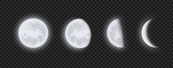 Fotobehang Moon phases, waning or waxing crescent moon on transparent checkered background. Lunar eclipse in stages from full moon to thin moon, realistic vector illustration. © artyway
