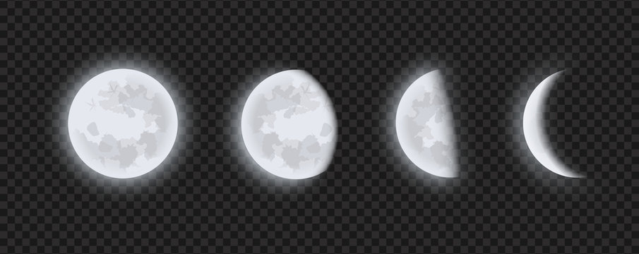 Moon phases, waning or waxing crescent moon on transparent checkered background. Lunar eclipse in stages from full moon to thin moon, realistic vector illustration.