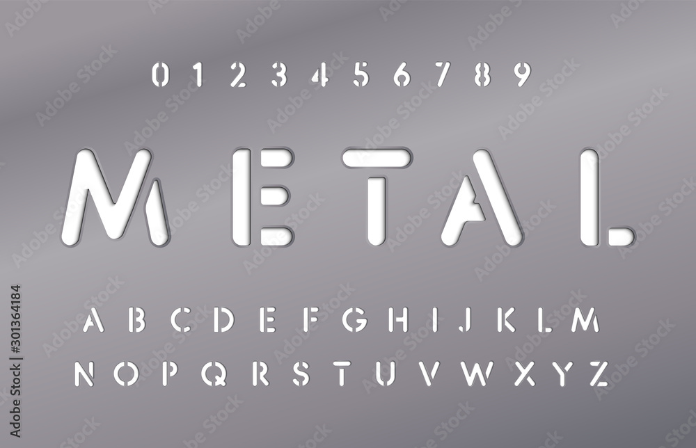 Fototapete set of letters and numbers in metal plate. metallic material style of alphabet. steel plate with fon