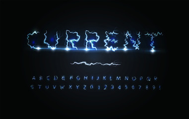  urrent power letters and numbers set. Blue lightning strike, stormy weather style, electricity alphabet. Vector typography design