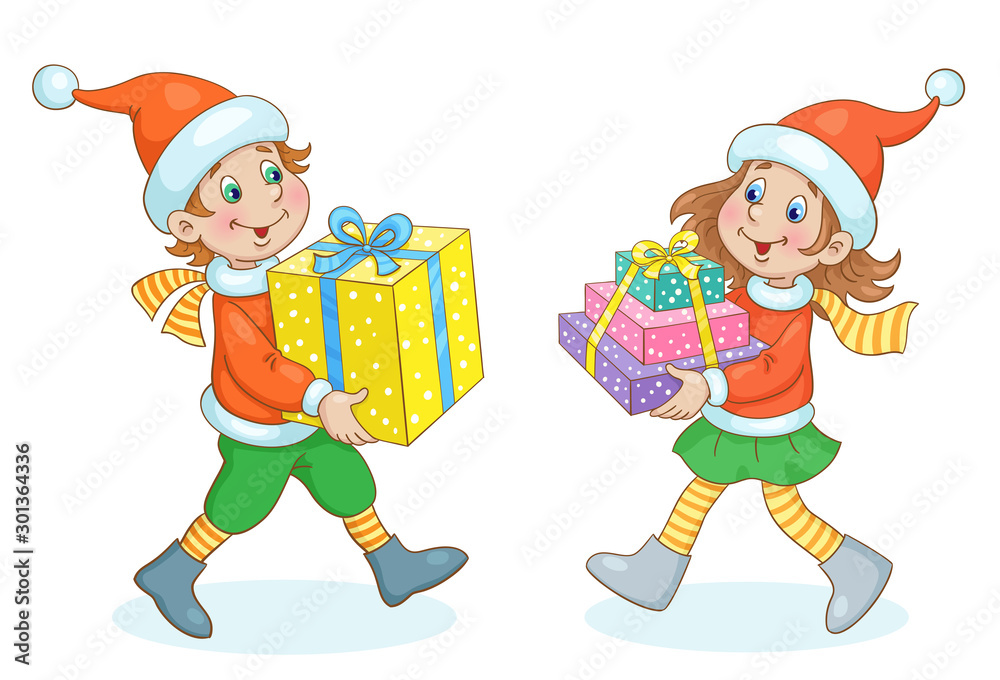 Sticker New Year delivery. Cute girl and funny boy in Santa costumes go towards each other with gift boxes in their hands. In cartoon style. Isolated on white background. Vector illustration.