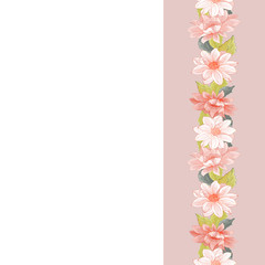 Floral vertical border with light pink dahlias and leaves on pink. Endless pattern brush. Design for your wedding, birthday, saving the date card, greeting card decoration. Vector.