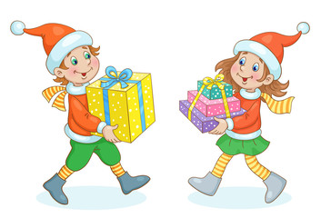 New Year delivery. Cute girl and funny boy in Santa costumes go towards each other with gift boxes in their hands. In cartoon style. Isolated on white background. Vector illustration.