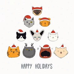 Foto op Plexiglas Hand getekende kaart, banner met schattige verschillende katten gezichten in Santa Claus hoeden, tekst Happy holidays. Vector illustratie. Lijntekening. Geïsoleerde objecten. Ontwerpconcept voor kerstprint, uitnodigen. © Maria Skrigan