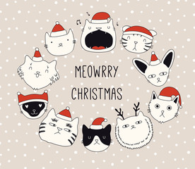 Hand drawn card, banner with different cute cats faces in Santa Claus hats, text Meowrry Christmas. Vector illustration. Line drawing. Isolated objects. Design concept for holiday print, invite.
