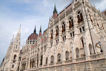 View of historical building of Hungarian Parliament in Budapest, Hungary, Europe on background of bright blue cloudy sky