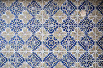 Wall with traditional Portuguese decor tiles azulezhu in blue tones.