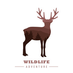 wildlife adventure elk silhouette with forest landscape vector illustration EPS10
