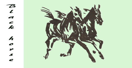 Abstract black images of galloping horses on a colored background, drawn by a dry brush, inscription 