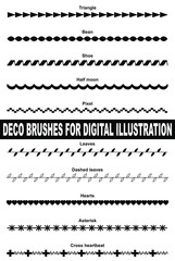 Obraz premium Decorative illustrator brushes for digital illustration. Deco embroidery stitch. Triangle, bean, shoe, half moon, pixel, leaves, hearts, asterisk, heartbeat lines. 